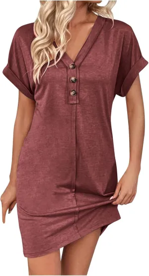Womens Summer Tshirt Dress Short Sleeve Loose Fit Casual V Neck Shift Tunic Dress Beach Travel Vacation Sundress