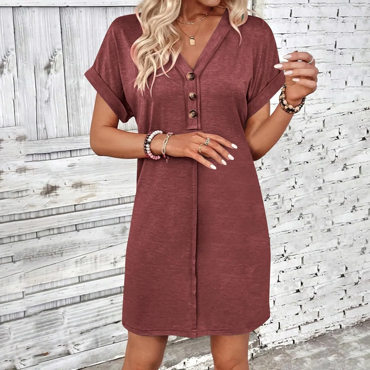 Womens Summer Tshirt Dress Short Sleeve Loose Fit Casual V Neck Shift Tunic Dress Beach Travel Vacation Sundress