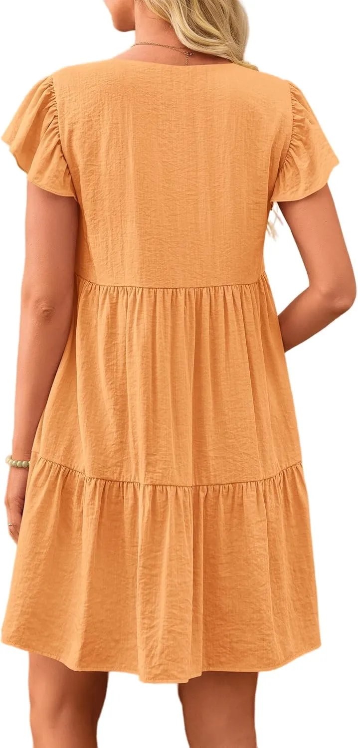 Womens Summer Tunic Dress V Neck Cap Sleeve Casual Flowy Swing Shift Dresses Loose Ruffle Mini Dress for Women 2025