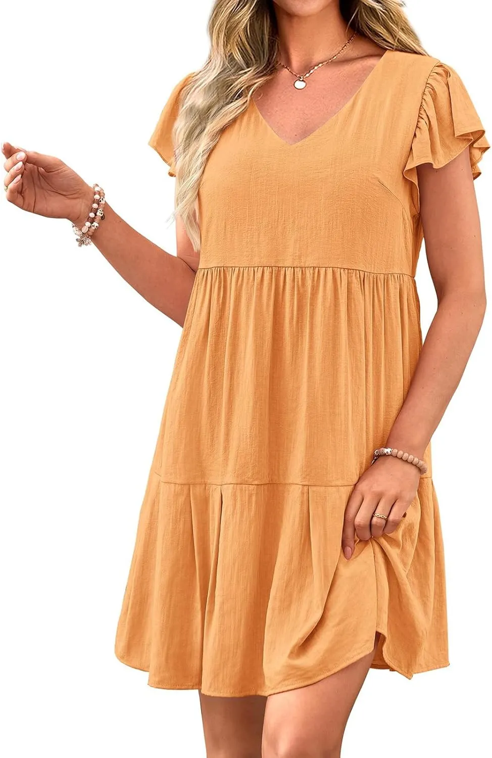 Womens Summer Tunic Dress V Neck Cap Sleeve Casual Flowy Swing Shift Dresses Loose Ruffle Mini Dress for Women 2025