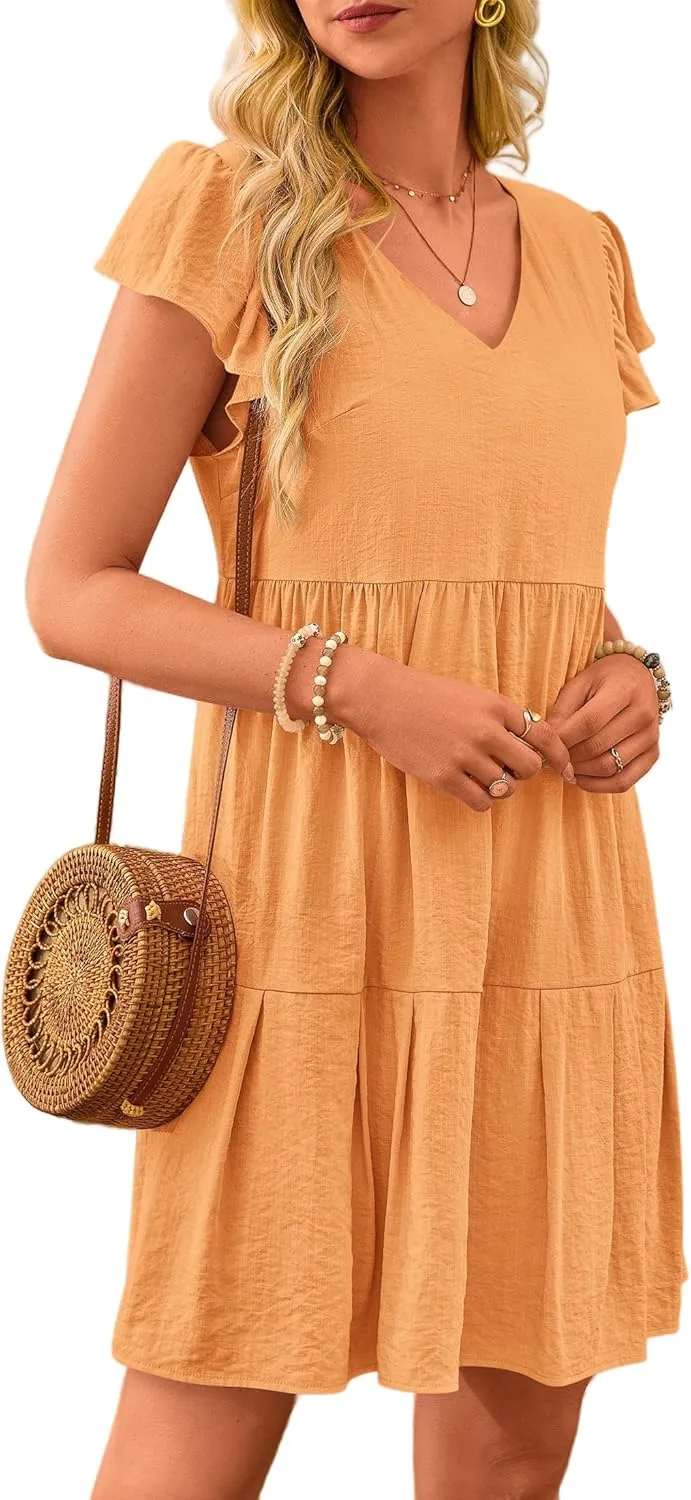 Womens Summer Tunic Dress V Neck Cap Sleeve Casual Flowy Swing Shift Dresses Loose Ruffle Mini Dress for Women 2025